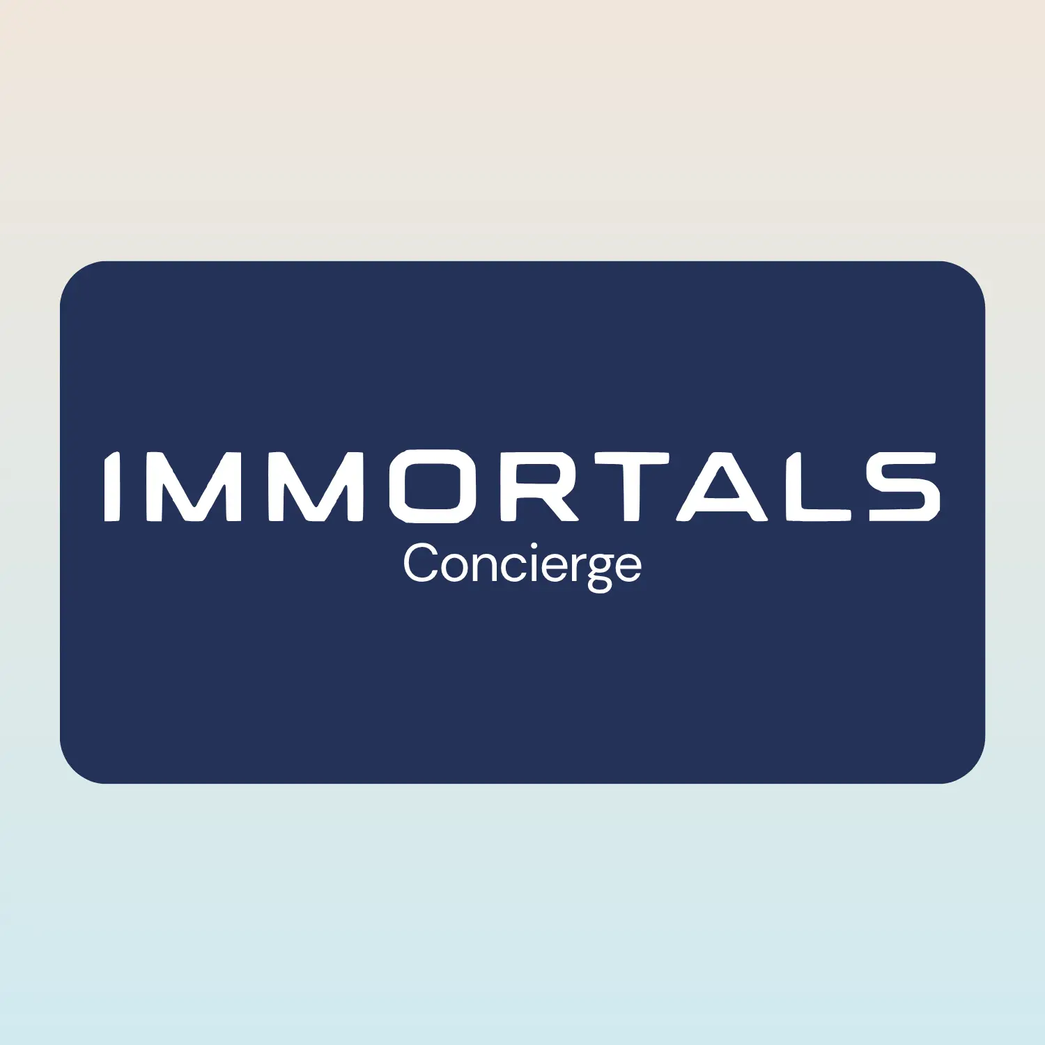 Immortals Concierge wordmark in white lettering on a navy blue rounded rectangle