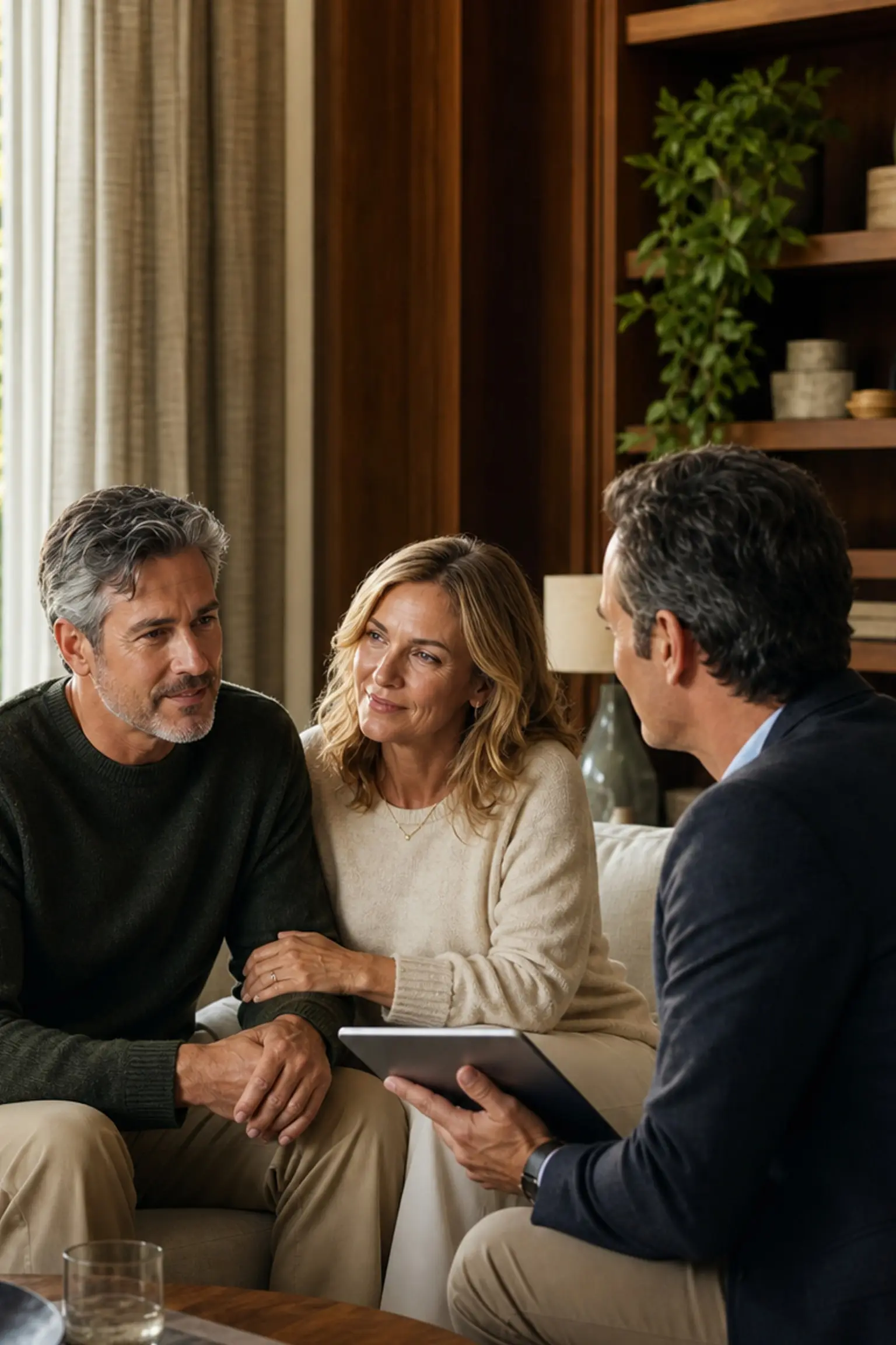 Couple meeting with a concierge physician in their home