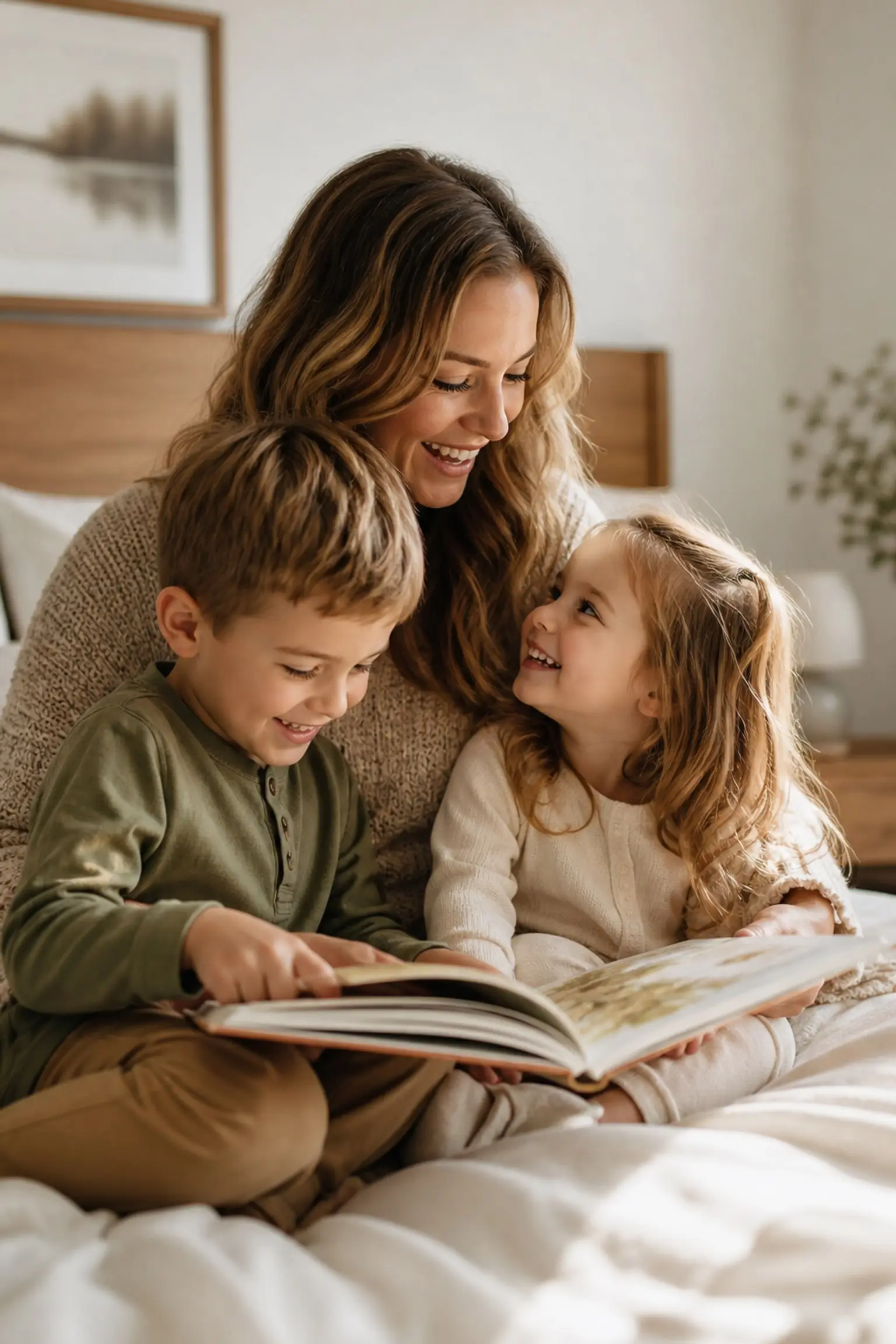 Mother reading with her two children in a sunlit bedroom