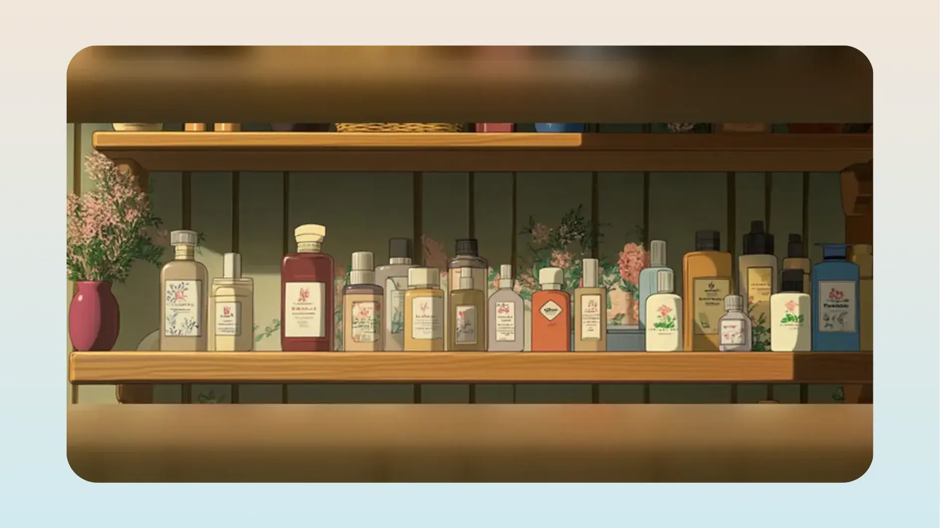 Illustrated shelf of fragrance and personal care products